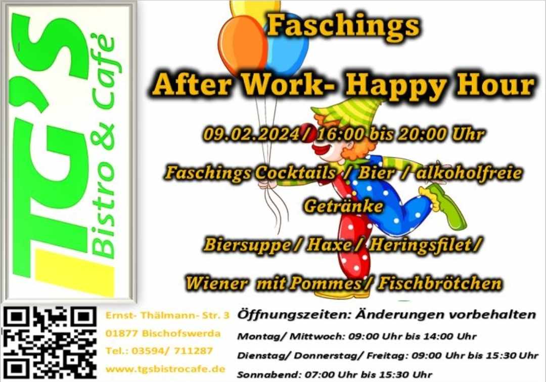 FASCHINGS AFTER WORK HAPPY HOUR bei TG´s Bistro & Café